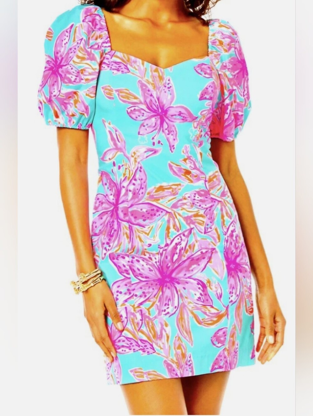 NWT Lilly Pulitzer Lunetta Short Sleeve Stretch • Surf Blue Bonita Blooms•Size 4